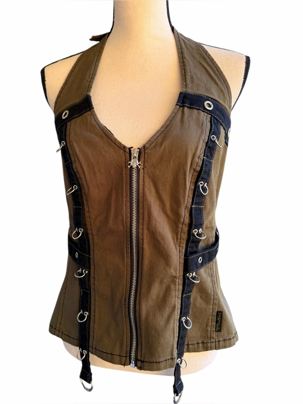 Tripp NYC Goth Punk Halter Corset Vest Top Olive Green D-Ring Bondage Y2K Sz: XL